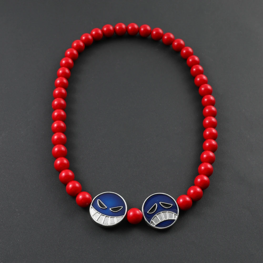 One Piece Ace Cosplay Necklace Red Beads Blue Face Charm Accessories Gifts for Anime Fans