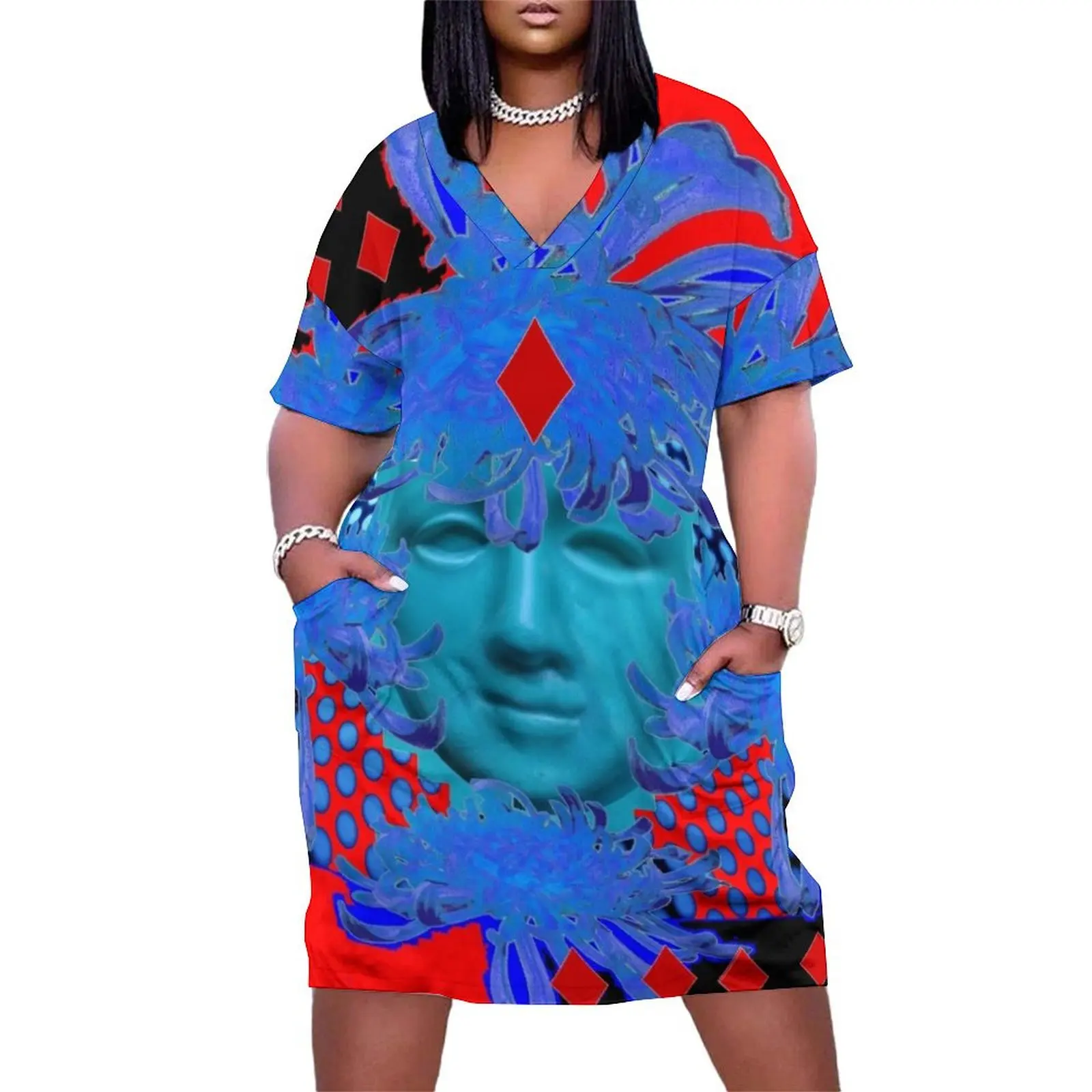 

BLUE CASINO QUEEN OF RED DIAMONDS FANTASY ART Loose Pocket Dress clothes Summer skirt