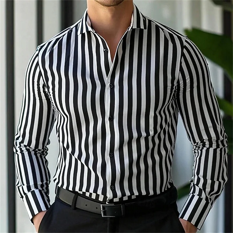 

Men's geometric striped long-sleeved business casual outdoor everyday autumn and winter collared 3D printed shirt, white or blac