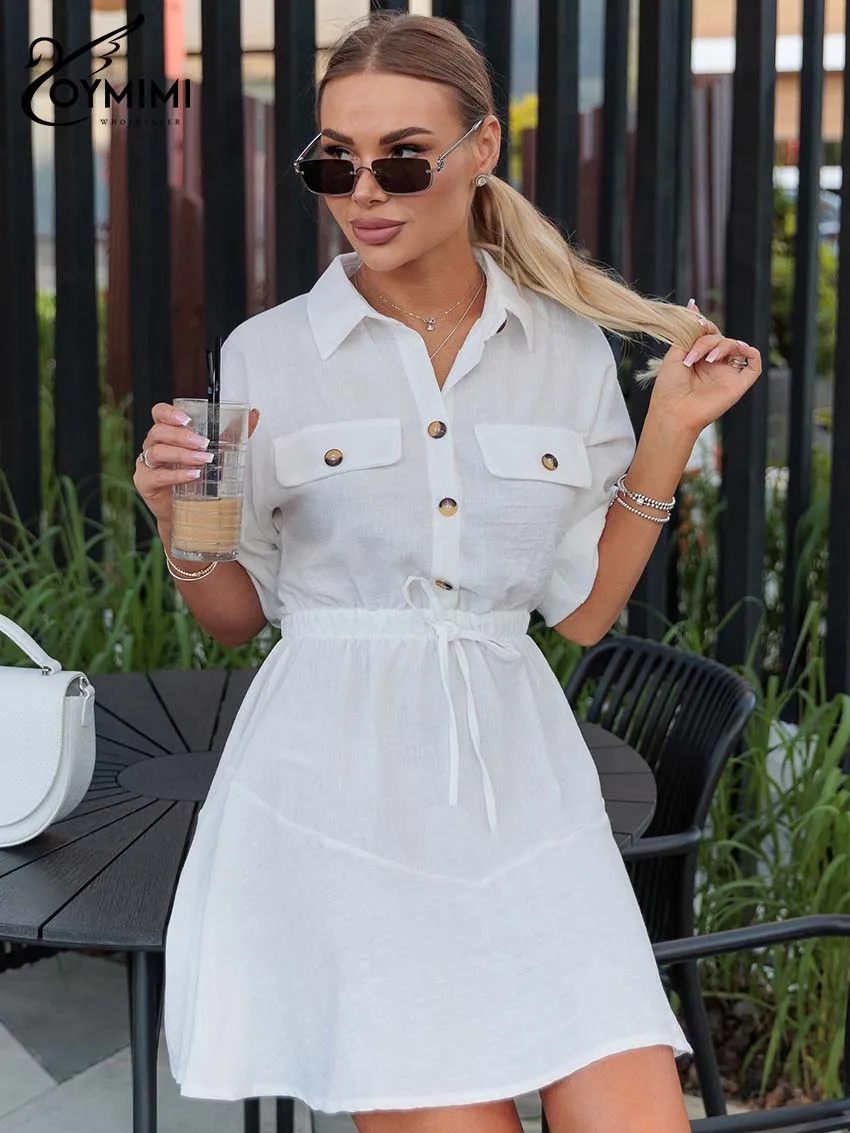 โอ้ยมิมิชุดเดรสผ้าฝ้ายสีขาวหรูหราสำหรับผู้หญิงแฟชั่นกระเป๋าครึ่งแขนเดรสผูกเชือกฤดูใบไม้ร่วงชุดมินิเดรสเอวสูงสตรีทแวร์