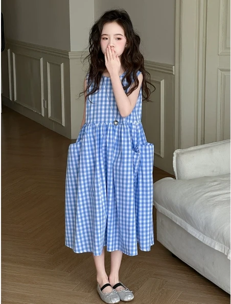 

Girls Skirt 2025 Summer New Childrens Clothes Korean Style Girls Baby Double-breasted Plaid Fresh Plaid Dress Casual Simple