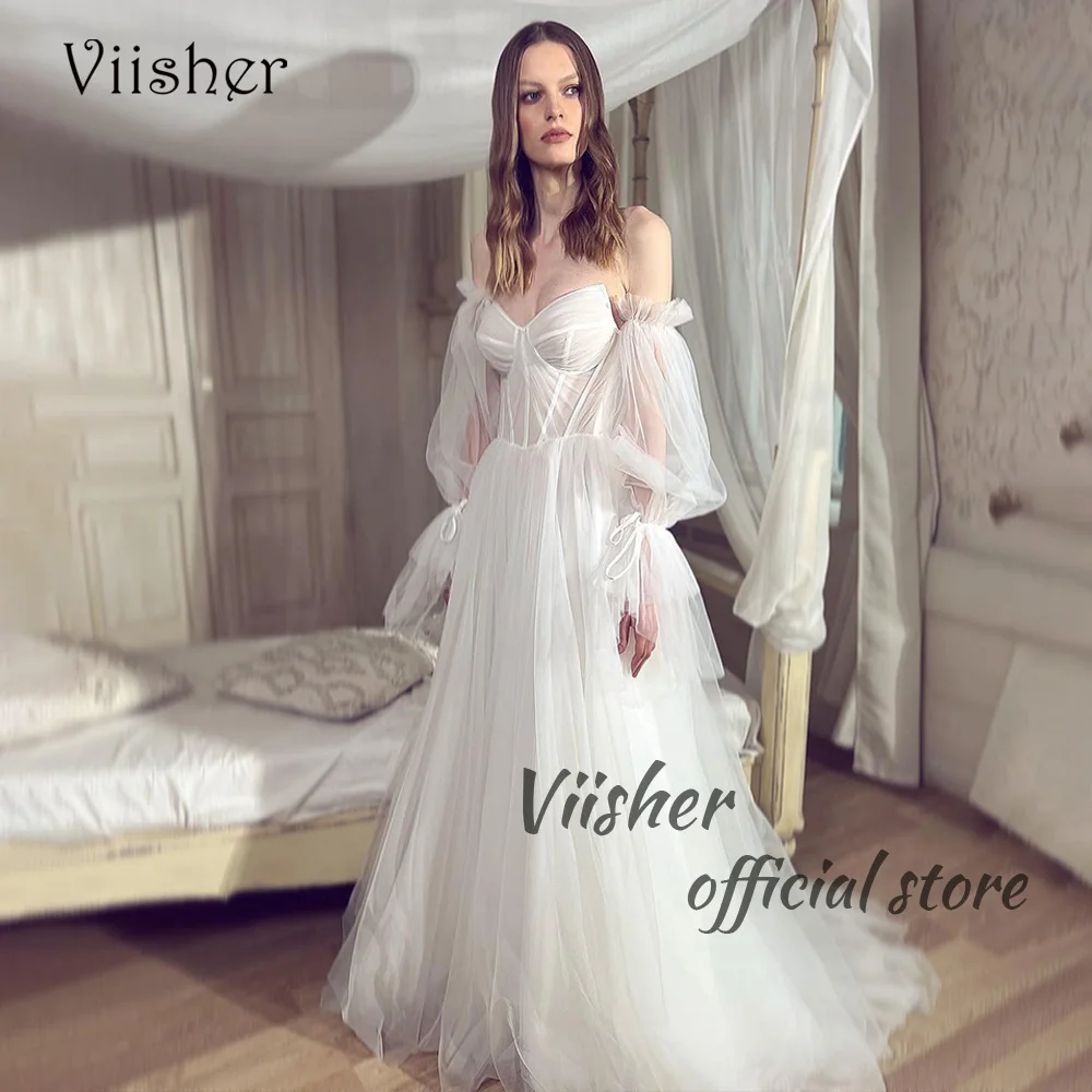 Viisher-vestidos de novia con escote corazón, de línea A largo vestido de novia, corsé de hueso de tul suave, manga abullonada, Sexy