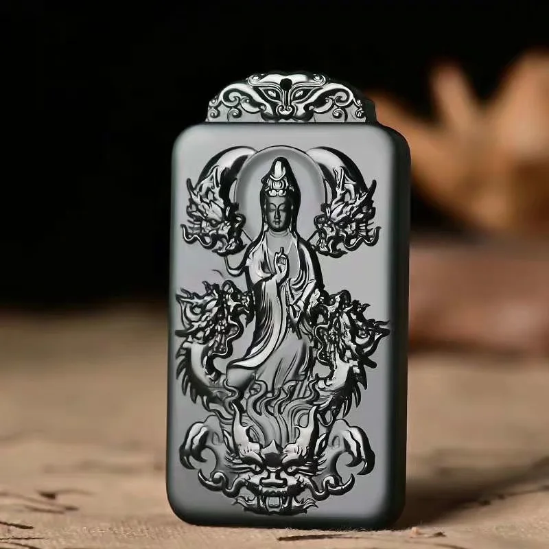 

Mai Chuang/Hand Carved/ He Tian Cyan Jade Kowloon Guanyin Necklace Pendant Fashion Elegant Personality Jewelry Men Couple Gift