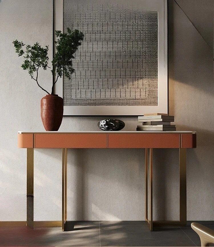 

Italian luxury stone rock slab entrance table Light luxury entrance hall partition end view table Saddle leather entrance table
