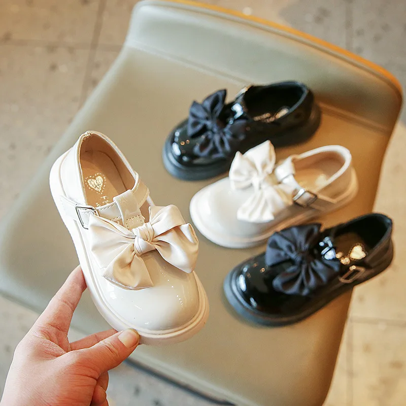 Little Girls Shoes For Student Kids School Black Leather Shoes Girls Bow tie Princess Shoes Black Beige White 3 4 5 6 7 8 9 10 T