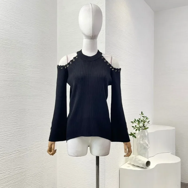 

Black Cut Out Knit Elegant High Quality New Design 2024 Autumn Winter Long Flare Sleeve White Women All-matching Blouse Tops