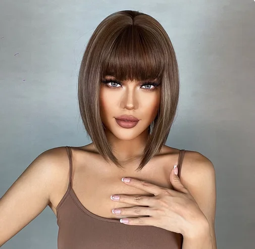 Brown Highlight Bob Wig Mixed Color Synthetic Hair for Women Natural Short Straight Wigs with Bangs High Temperature