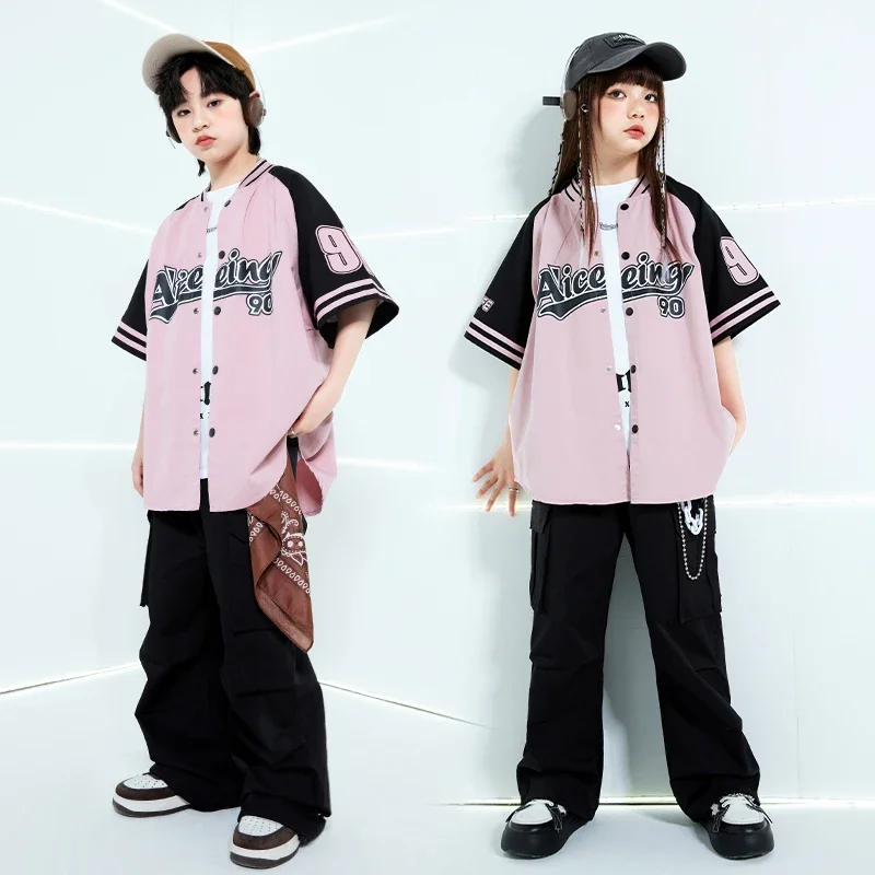 Hip Hop Jungen Orange Baseball Jacke Cargo Hosen Mädchen Streetwear Mantel Kinder Jazz Kleidung Sets Kinder Street Dance Kostüm