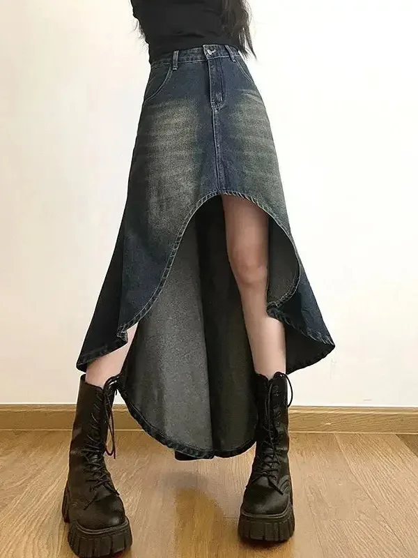 Denim Midi Skirts Women Washed Retro Irregular Design Prevalent Streetwear Hipster Casual Fashion All-match High Waist CBQ9