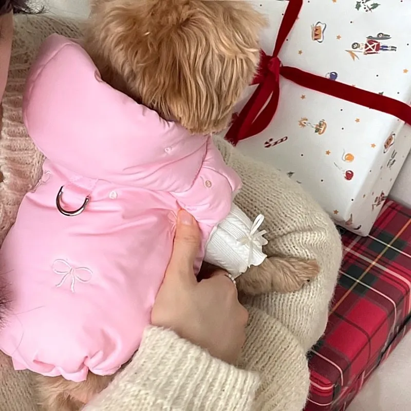 Pet Jackets Winter Bow Print Dog Coat with D-Ring Thick Warm Puppy Clothes Chihuahua Vest Dachshund Clothing Dog Hoodie Jacket view 3