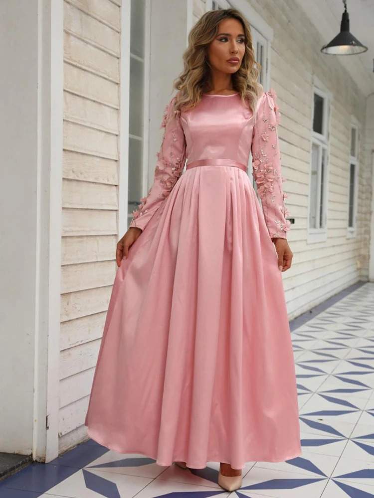 Women's Dusty Pink Satin Maxi Dress, Long Sleeve A-Line Evening Gown with 3D Floral Appliques Sleeves, Elegant Vestidos