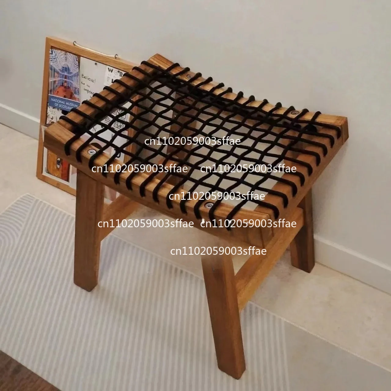 Solid Wood Rope Woven Low Stool Boat Shaped Ancient Tea Table Shoe Changing Stool for Entrance Home Decor