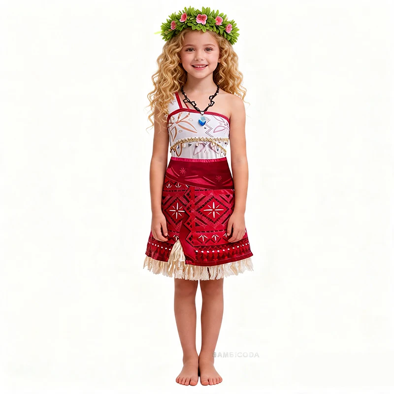 New Moana Dresses Girls Princess Dress Cosplay Costume Necklace Wig Pig Doll Halloween Carnival Party Vestidos Outfit 2-10 Years