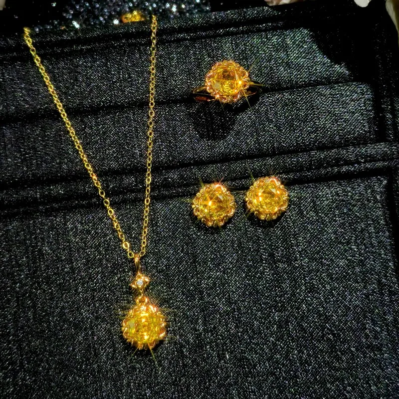 Yellow Zircon Rose Cut Millennium Cut Drop Earring Ring Necklace Set - 925 Silver Plated with 18K Gold - Women's Jewelry