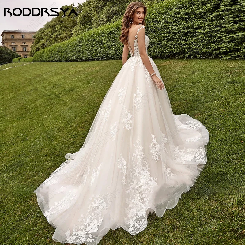 RODDRSYA Beach Cap Sleeves Wedding Dresses Illusion Lace Buttons Back Bridal Gown Women Appliques Tulle vestidos de novia playa