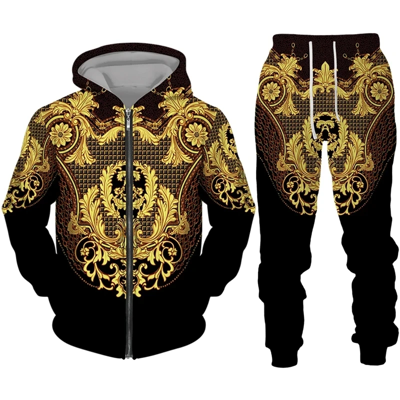 

3D Luxury Golden Printed Zip Hoodie + Pants Suit Cool Men/Women 2 Pcs Sportwear Tracksuit Set Autumn and Winter Men's Clothing