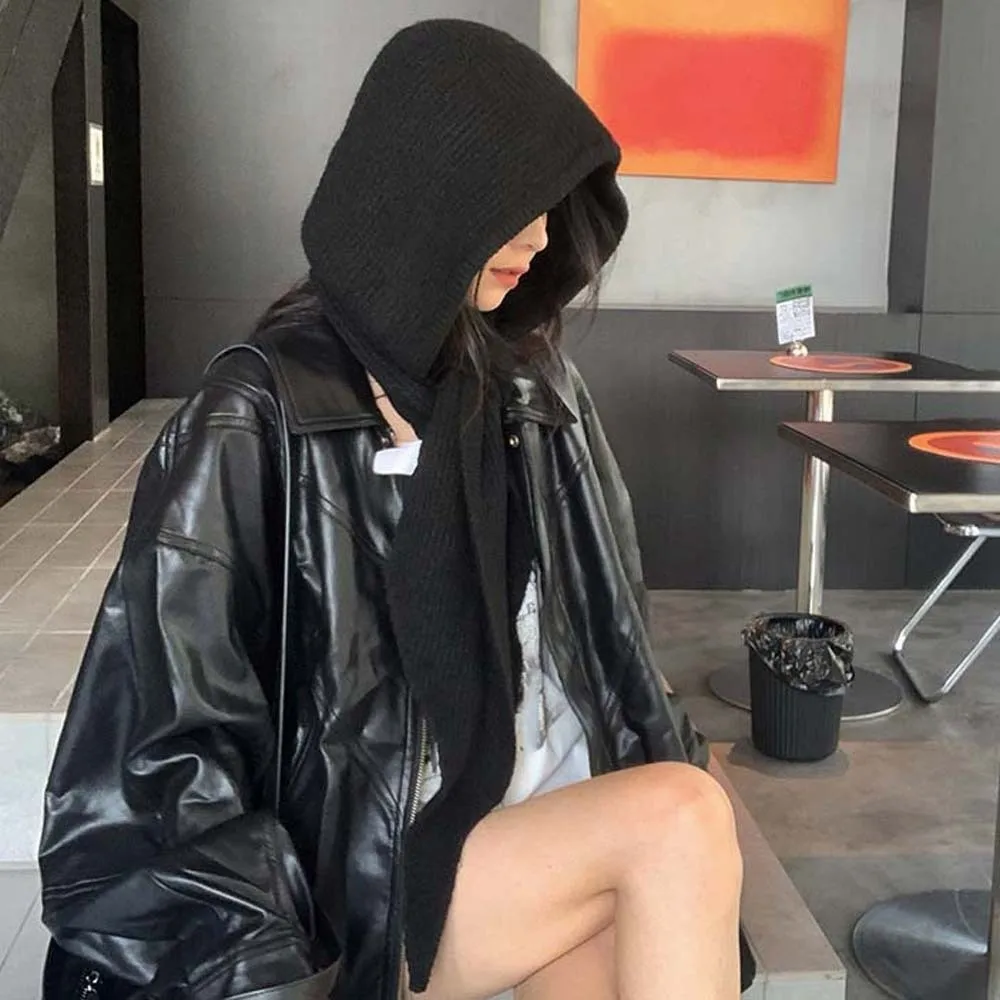 

Acrylic Fibers Knitted Hooded Cap Soft Ear Protection Neck Collar Beanies Cap Solid Color Korean Style Winter Neckerchief Hat