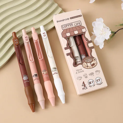 4 pcs/set 0.5mm Coffee Life ST Tip Mechanical Gel Ink Pens School Office Writing Supplies Gift Stationery Prizes Cute Pen 