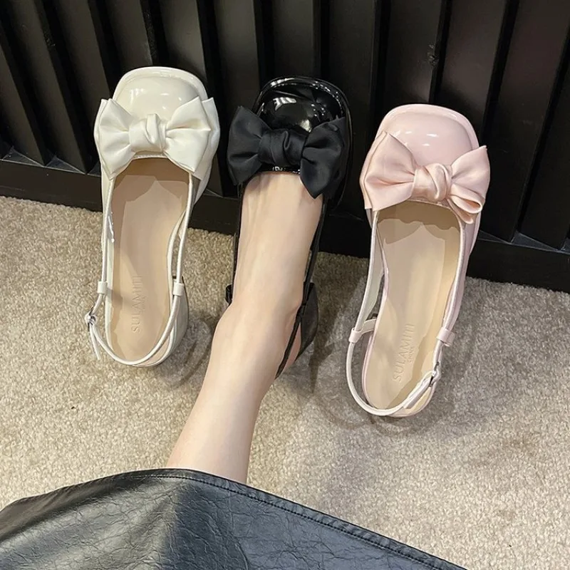 Fashion Heeled Sandals for Women Black Pink Women's New Shallow Bow Women's Shoes Thick Mid Heel Cool Sandals Sandalias De Mujer