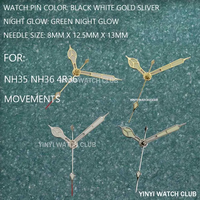 อุปกรณ์เสริมของนาฬิกา NH35สีทองสีเงินสีขาวสีดำพร้อมไฟกลางคืนสีเขียวหมุดนาฬิกาสำหรับการเคลื่อนไหวของ NH35/NH36