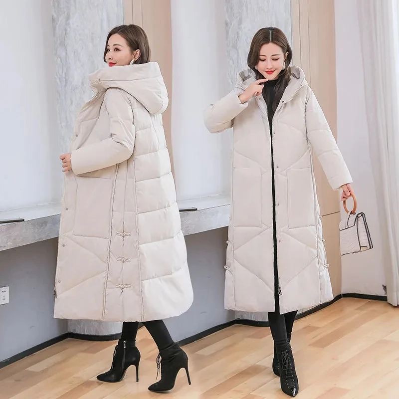 Vintage Thicken Down cotton Jacket Women Wear 2023 Winter New National style Loose Long Coat Female Warm Hooded Parkas Overcoat