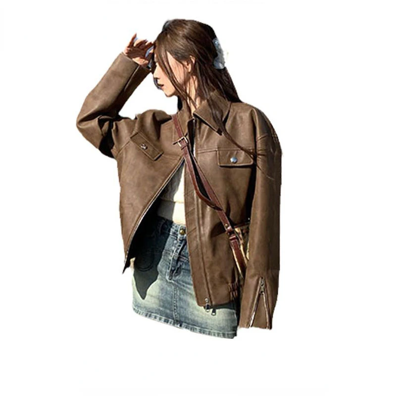 

2024 Autumn Loose Vintage Long Sleeve Women Jacket Casual Chic Fashion Turn Down Collar All Match Leather Jackets Pu