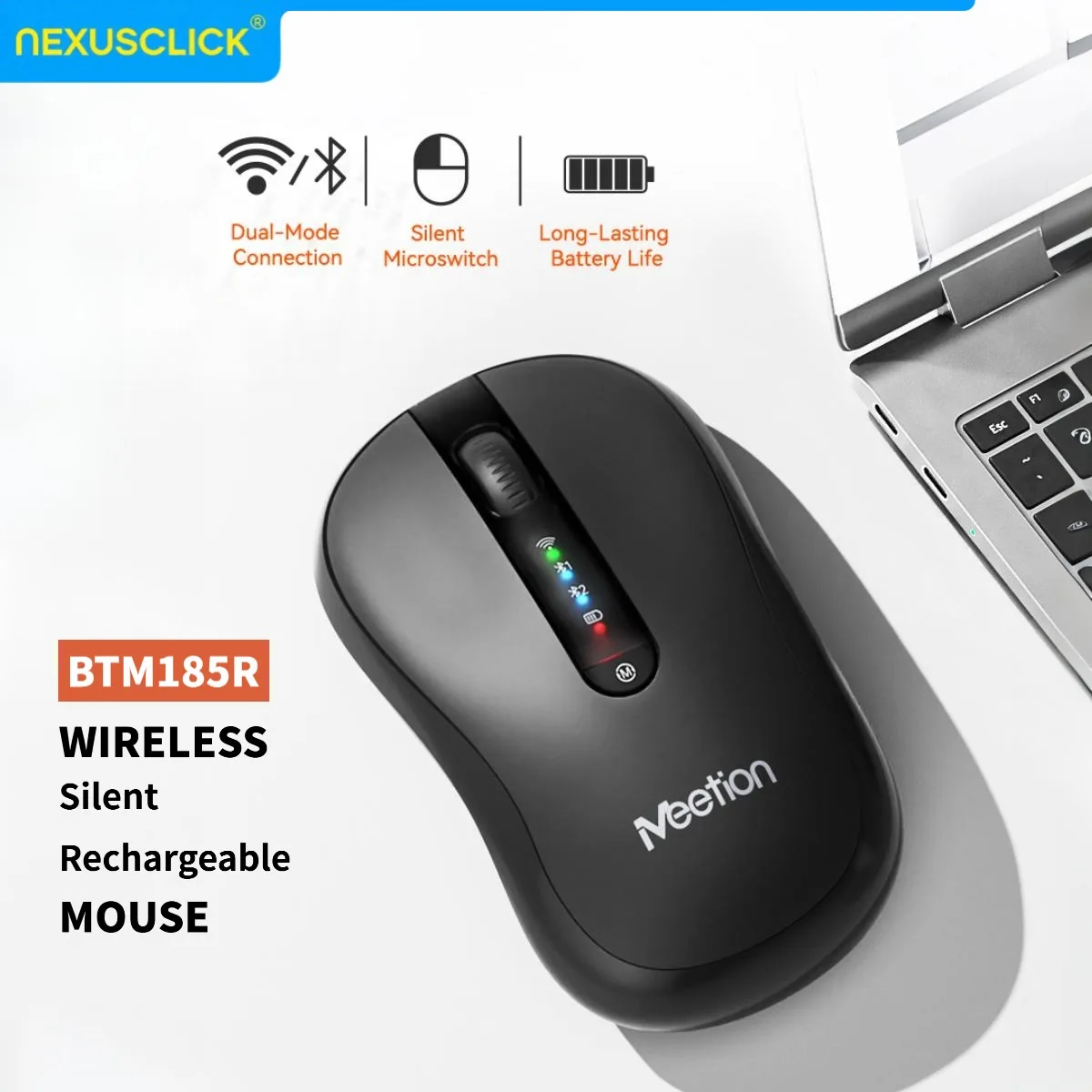 NexusClick Mute Click Wireless Mouse,Rechargeable/Battery,Dual Mode(2.4G+BT), Ergonomic Adjustable DPI,Portable for Laptop Home