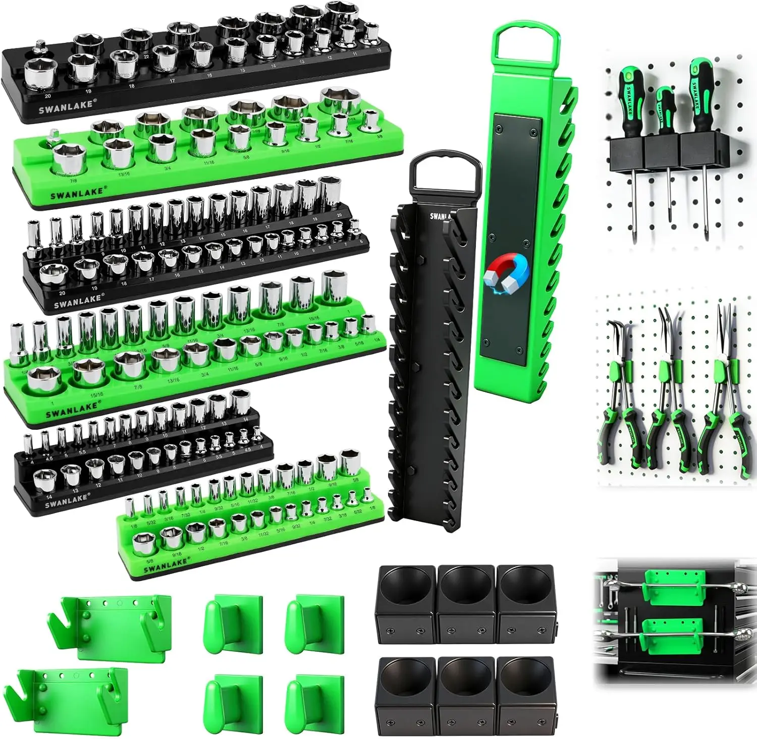 

20-Piece Magnetic Tool Organizer Set - SAE & Metric Socket Rails, Wrench Holders, Plier & Screwdriver Wall Mount Storage