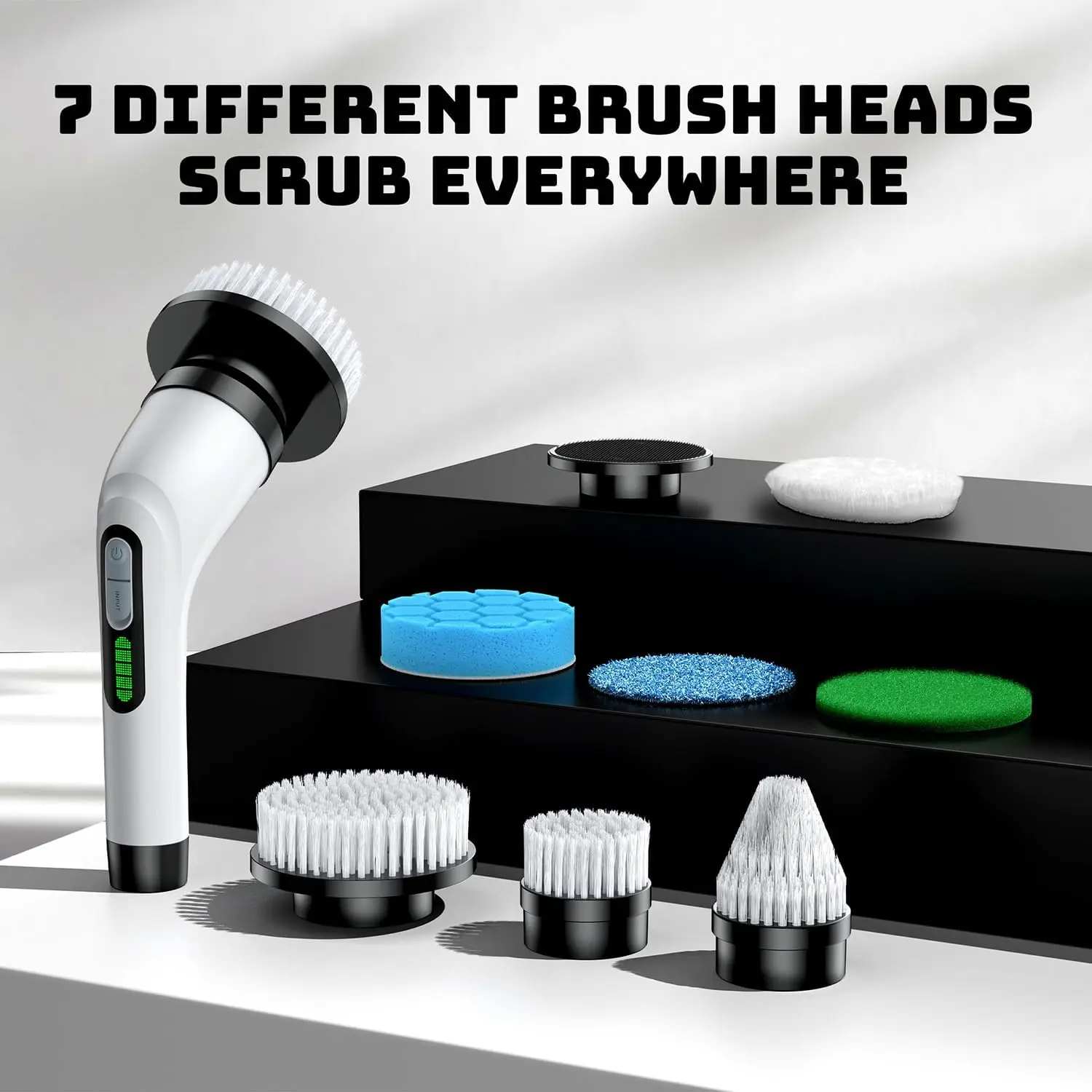 منظف دوار كهربائي - منظف لاسلكي مزدوج السرعة مقاوم للماء مع 7 رؤوس لتنظيف الحمام والبلاط والزجاج والسيارة (أبيض) #6