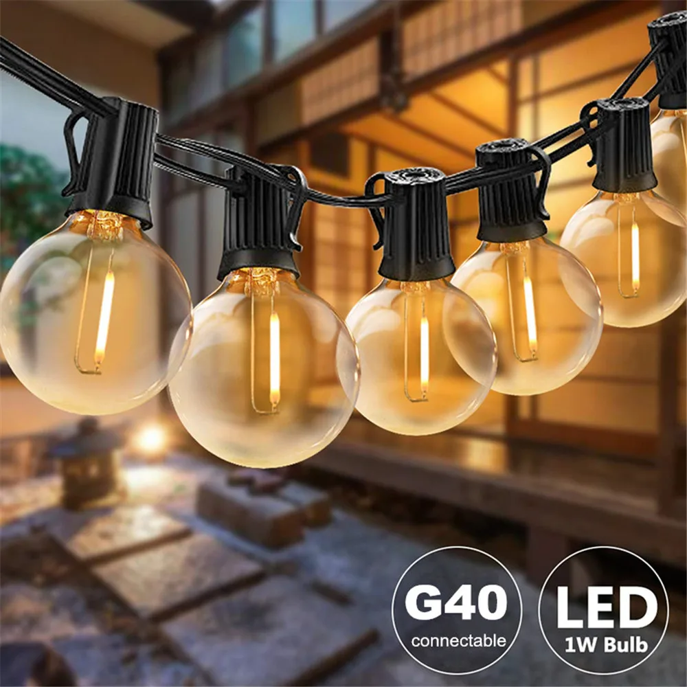 Lampki sznurkowe LED G40 z żarówkami w kształcie kulek, 15-30M, przezroczyste żarówki w stylu vintage, do użytku na zewnątrz, na wesele, Boże Narodzenie, imprezę, patio, święta.