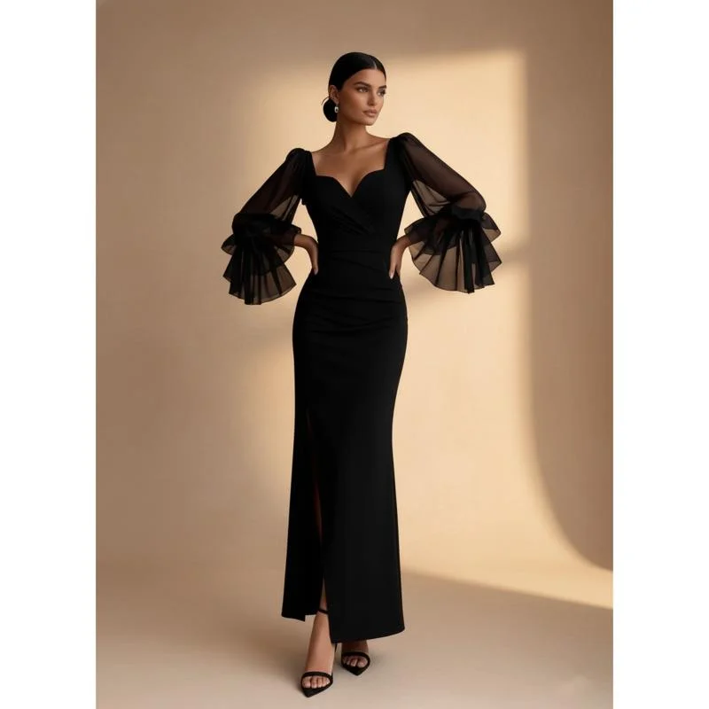 

Fashion Fall Black Sheer Ruffle Sleeve V Neck Ruched Bodycon Side Slit Formal Evening Maxi Dress For Women Wedding Guest Party