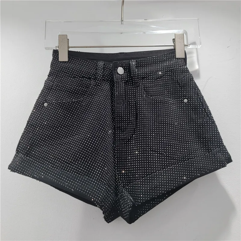 

Black Heavy-Duty Rhinestone Denim Shorts for Women, Summer New Y2K Hot Girl Slim Fit Hip-Hugging Ultra-Short Hot Pants
