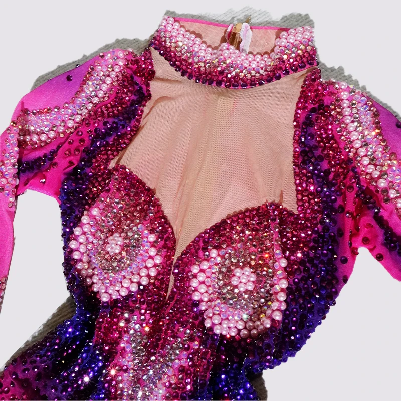 스파클 전체 라인 석 바디 슈트 섹시한 핑크 배 클럽 파티 생일 드래그 퀸 DS 폴 댄스 의류 가수 무대 공연
