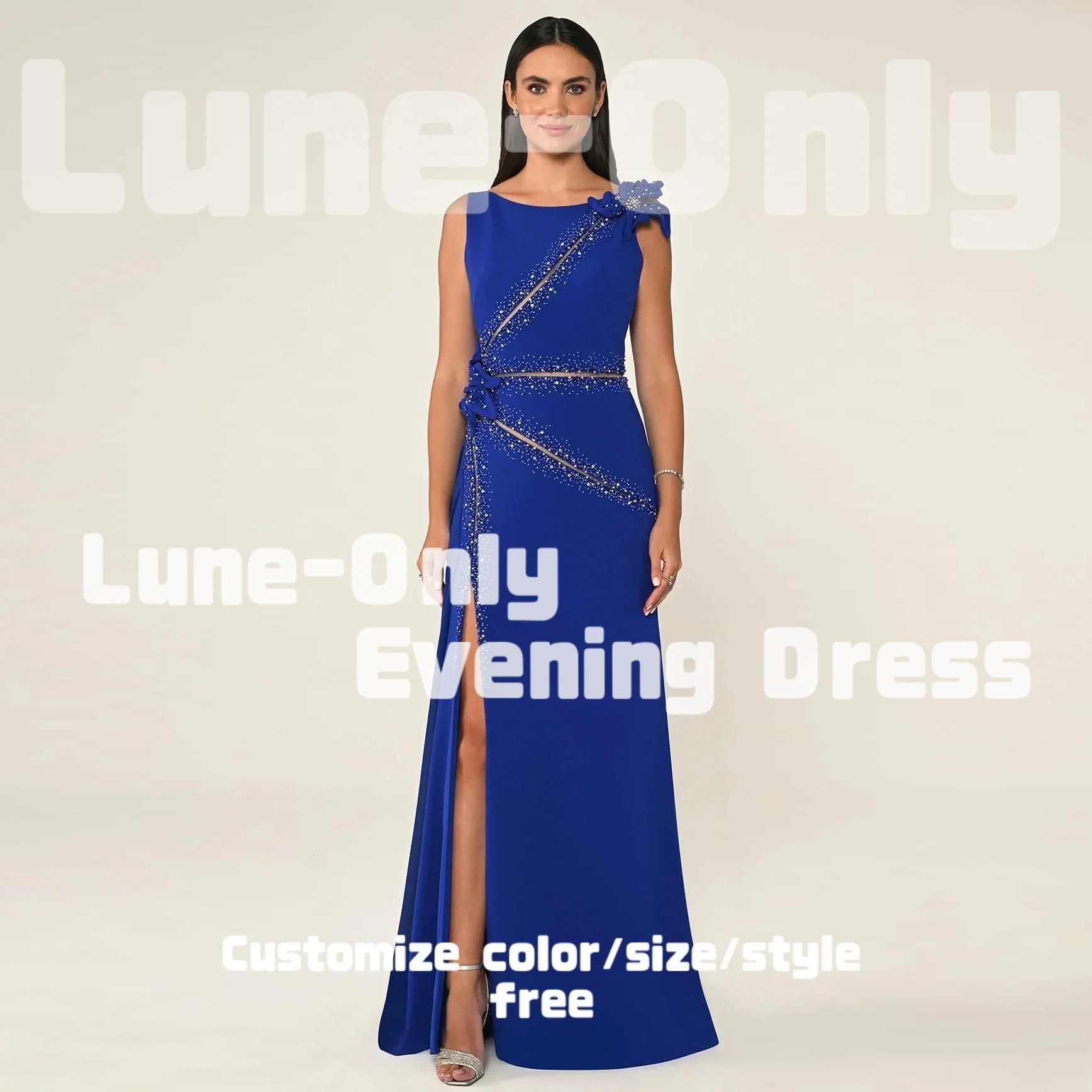 Sukienki wieczorowe damskie luksusowe z niebieskimi kwiatami, zdobione koralikami, z wycięciami, bez rękawów, eleganckie suknie na przyjęcie, bal, sukienki formalne.