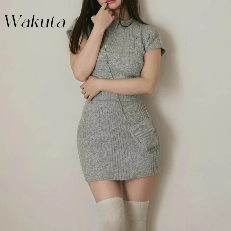 Wakuta Japanese Kawaii Round Neck Short Sleeved Warm Knitted Sweaters Casual Women's Hip Hugging Skirts Sexy Y2k Two Piece Sets