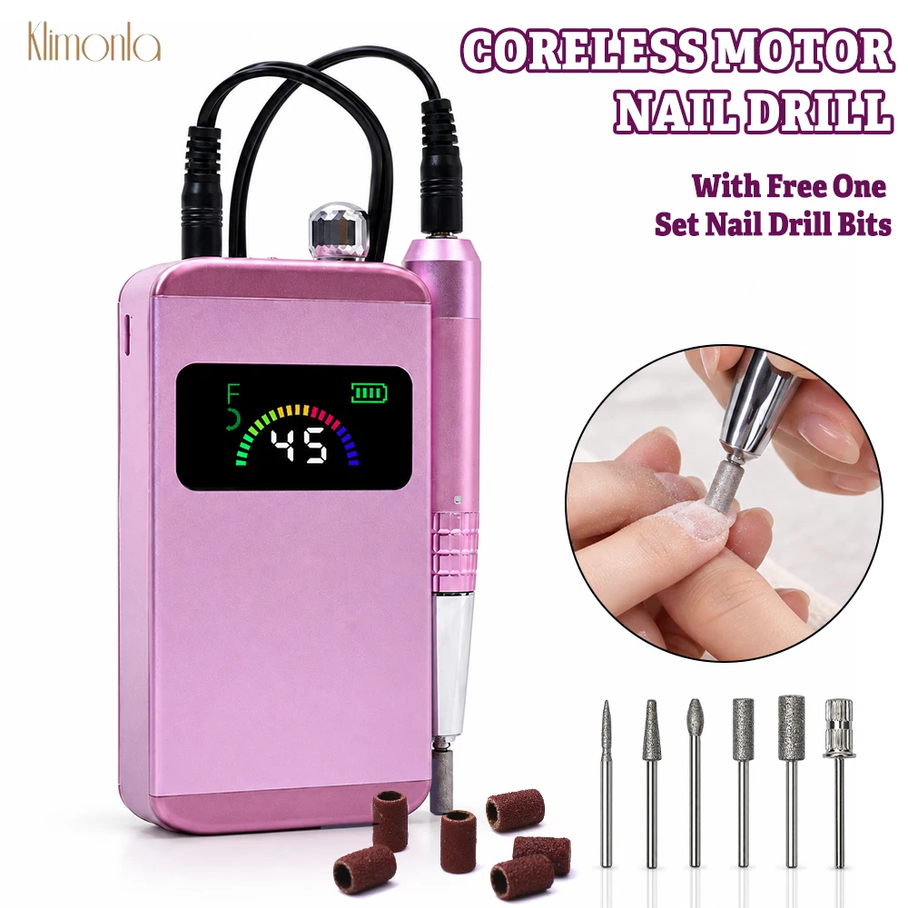 Klimonla Nail Drill Machine Coreless Motor Alloy Electric Nail Drill Professional 45000RPM Low Noise Manicure Drill Machine