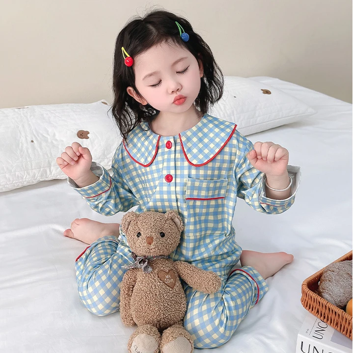 Conjunto de pijama de manga larga para niños y niñas, ropa de dormir con cárdigan, a cuadros, para primavera y otoño