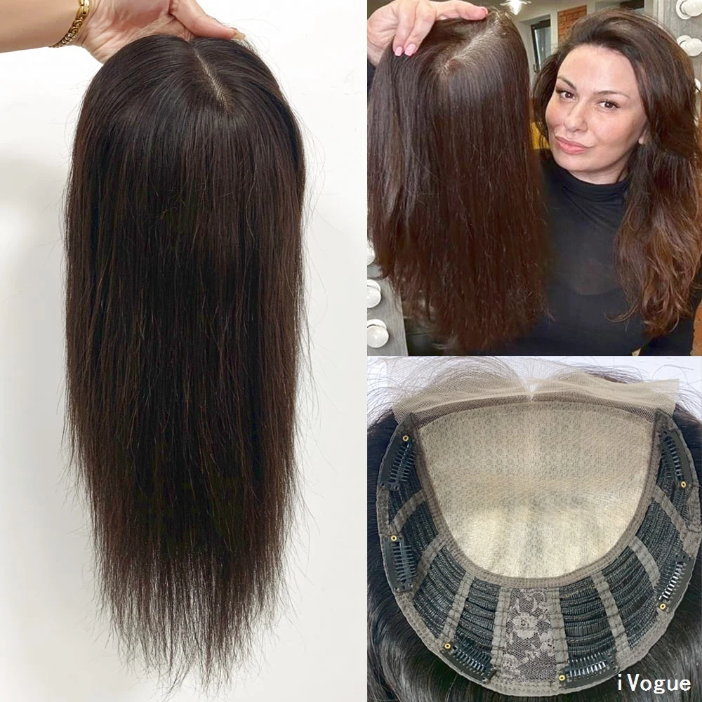 26 Thick Long Silk Skin Base Wefted Topper Remy Human Hair 8X9inch Base Size Toupee with Lace Baby Hair Pieces Overlay for Women