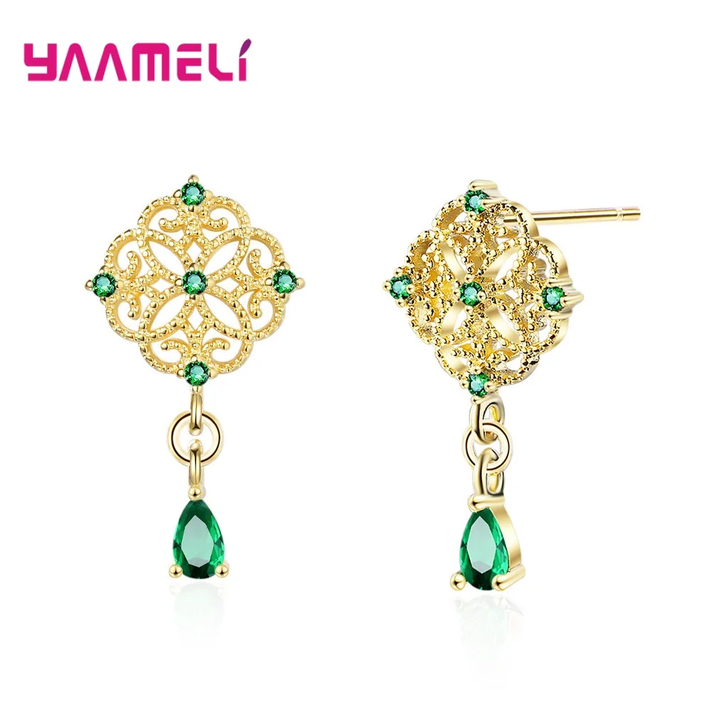 Ethinc 925 Sterling Silver Color Palace Chinese Style Drop Earrings For Women Girl Hollow Water Drop Green Zircon Stone Jewelry