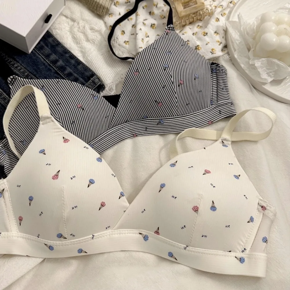 

New Polyamide Thin Unwired Bra Steel Frameless Cute Floral Thin Bra Cartoon Breathable Small Boobs Gather Bra Women