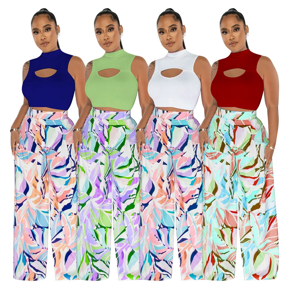 K10458 Fashion Women's Sleeveless Round Neck Short Top Printed Wide Leg Pants Two Piece Set