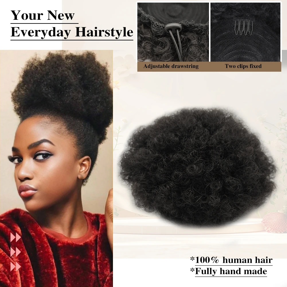 Ekstensi ekor kuda dengan tali serut Afro Puff untuk wanita warna hitam 100% rambut manusia jepit pada ekor kuda keriting keriting tahan lama lembut alami