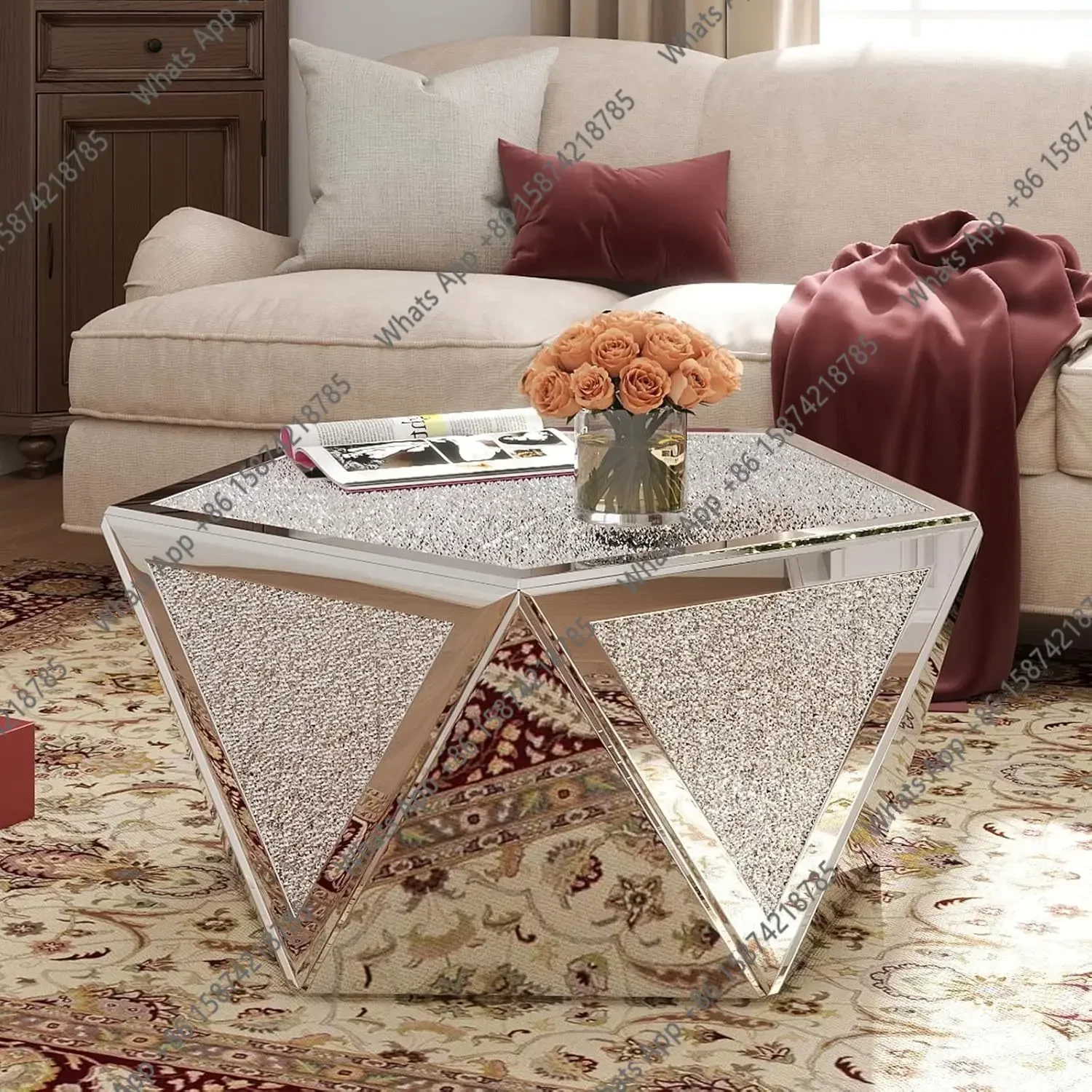 BJ X J Silver Coffee Tables For Living Room With Crushed Diamond Inlay, Mirrored Pentagonal Coffee Table With Luxury, Customized