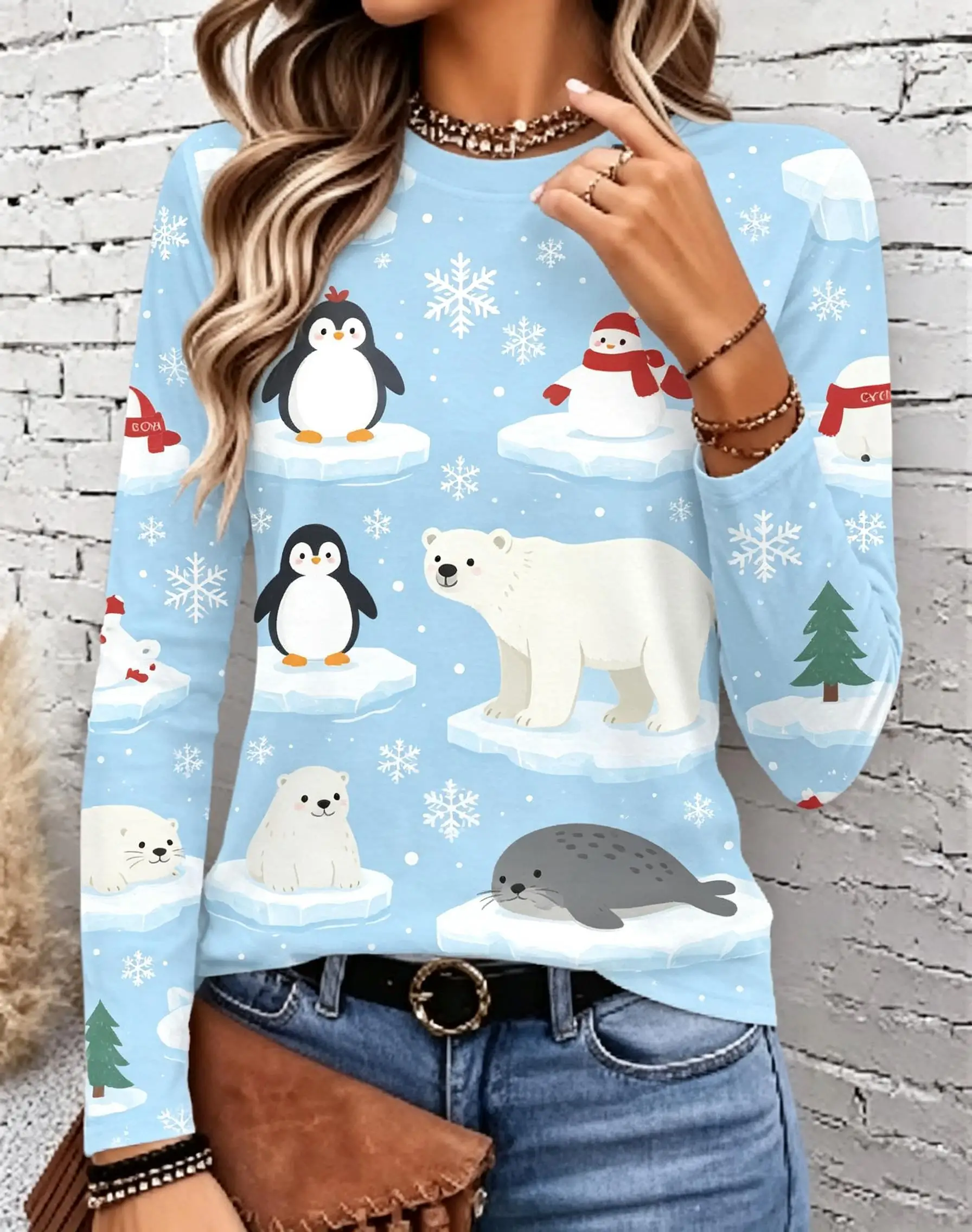 Women Long Sleeve Tee Round Neck Casual Top Penguin Polar Bear Seal Snowflake Print Christmas Fashion Loose Fit Daily Wear Shirt