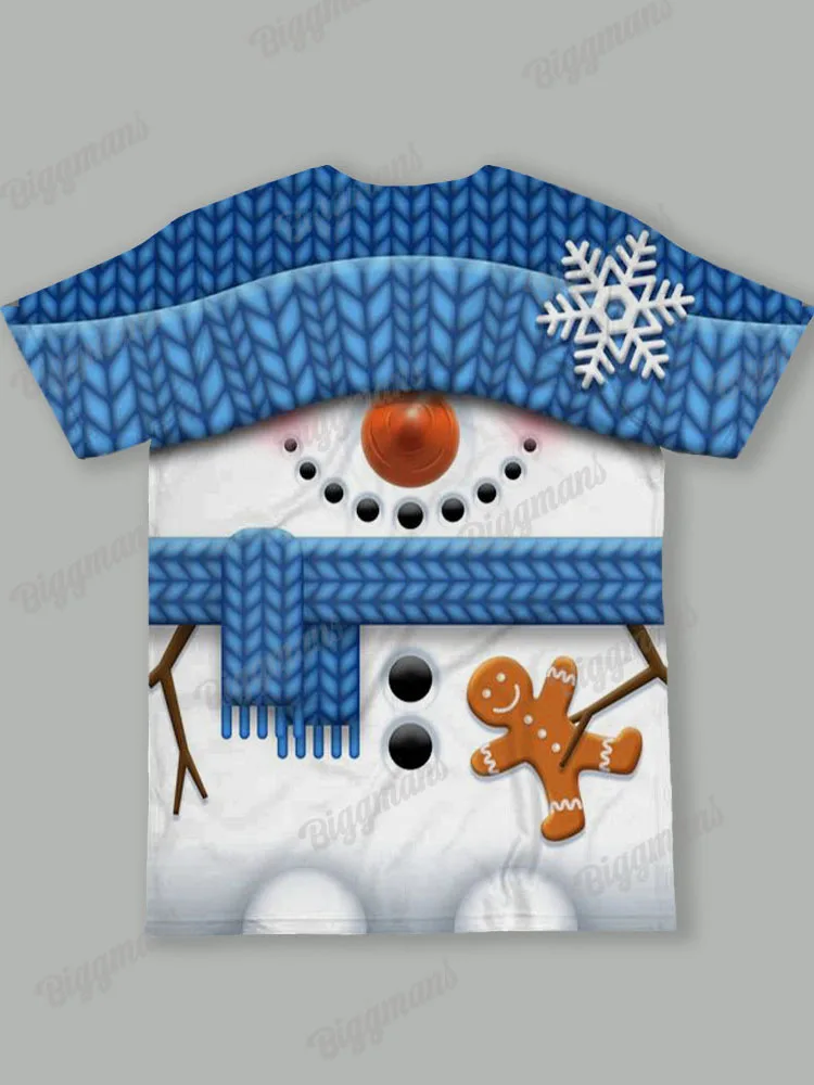 Biggmans Plus Size Blue Snowman Man Print Outfit Round Neck Short Sleeve Long Pants Suit Male Party Club Christmas Two Piece Set