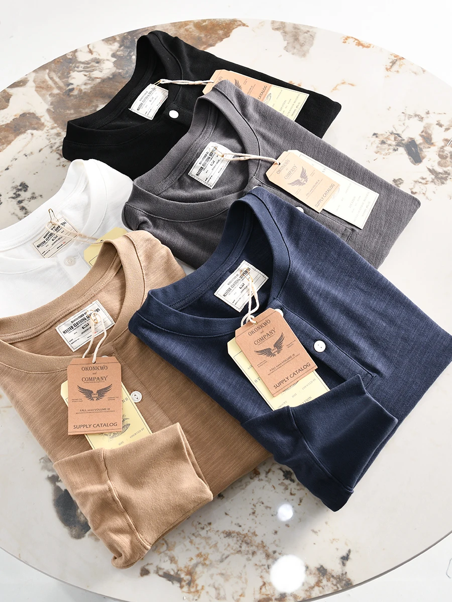 

Pure Color Bamboo Cotton Long Sleeve T-Shirt for Men Skin-friendly Henry Collar Versatile Autumn Fashion Urban Loose Fit T-Shirt