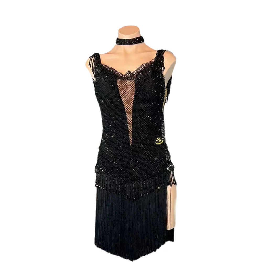 Vestido de baile latino AB Stone para mujer y adulto, vestido de flores de malla de diamante negro personalizado de gama alta, vestido de Samba de piscina negro