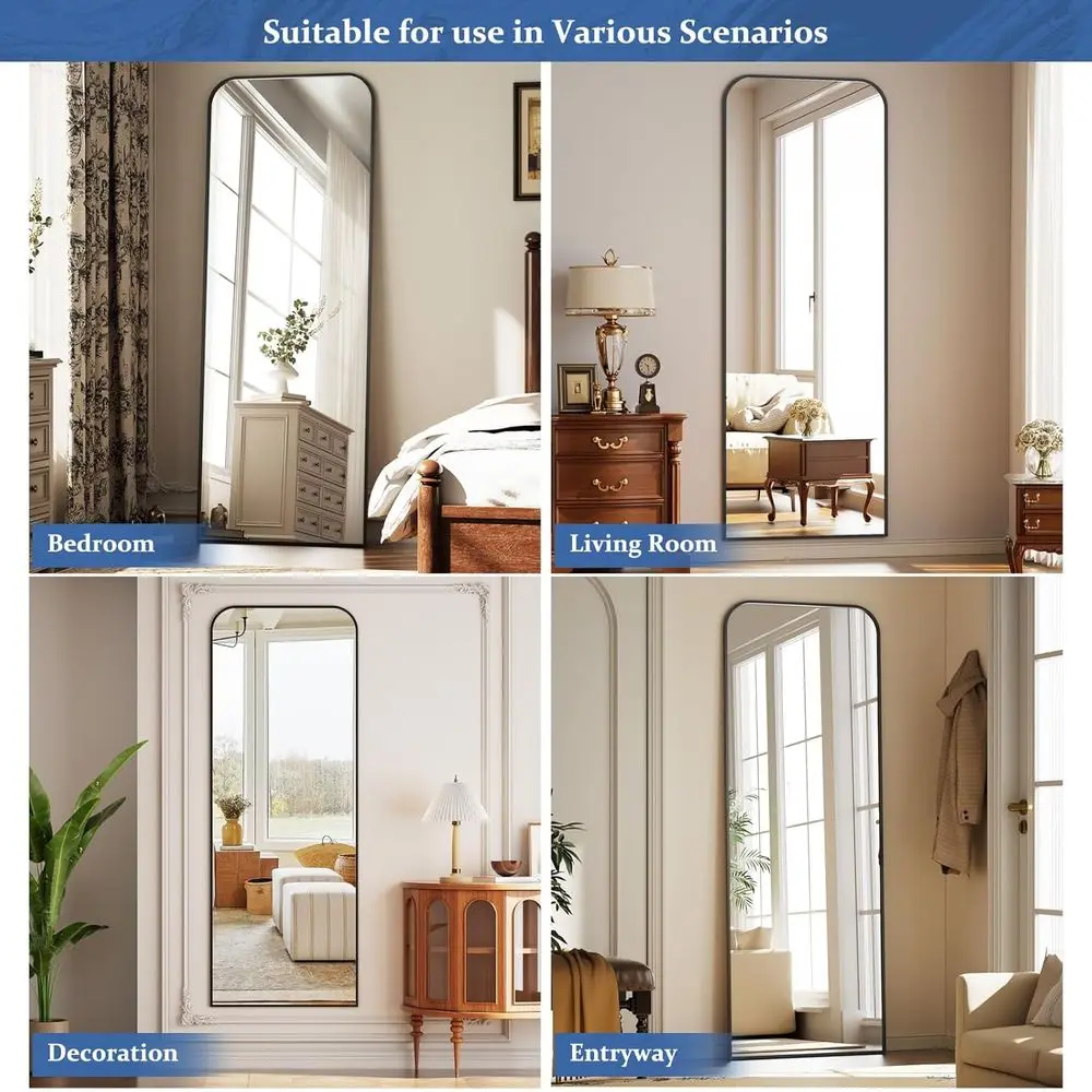 Miroir sur pied arqué, grand miroir complet 65x24 avec cadre en aluminium pour la maison, noir