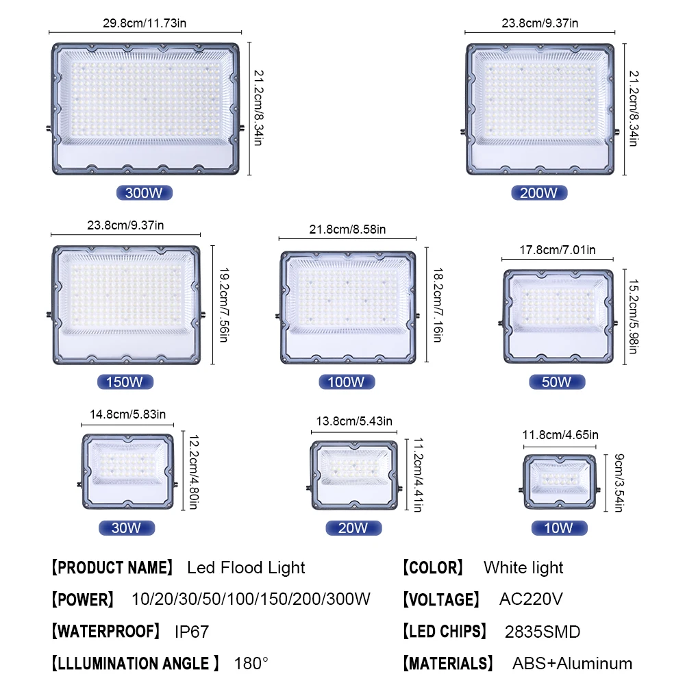 

LED Flood Light AC 220V 100W 200W 300W 100W IP66 Waterproof LED Spotlight Garden Street Gate Wall Floodlights