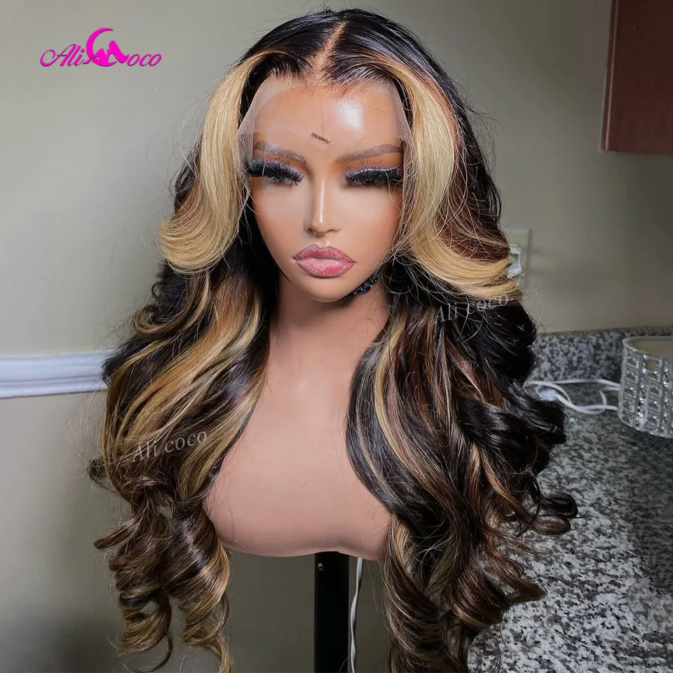 

Парик из натуральных человеческих волос, плотность 180, с хайлайтами: светло-русый, коричневый и натуральный черный, волнистый, с кружевной передней частью 13x6, предварительно выщипанный, для женщин